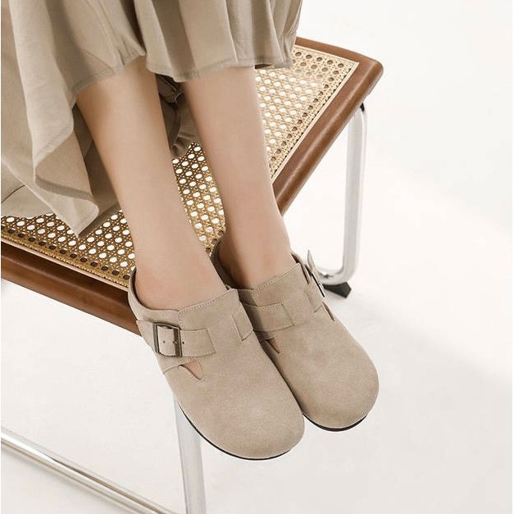 Cream Suede Mules with Buckle Detail
